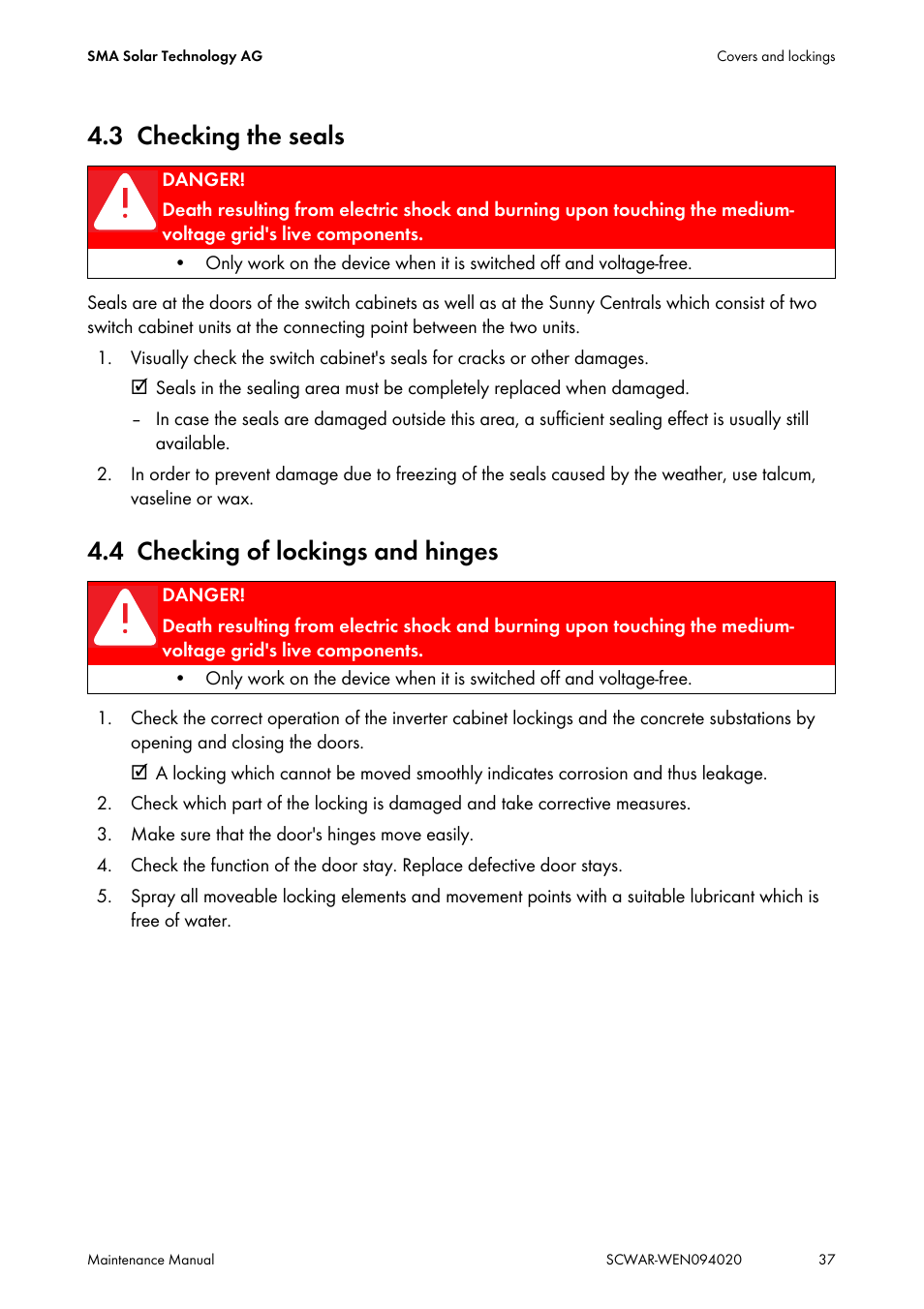 3 checking the seals, 4 checking of lockings and hinges, Checking the seals | Checking of lockings and hinges | SMA SUNNY CENTRAL Maintenance manual User Manual | Page 37 / 68