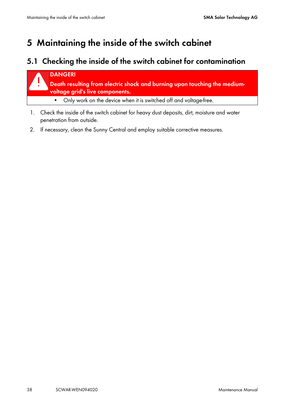 5 maintaining the inside of the switch cabinet, Maintaining the inside of the switch cabinet | SMA SUNNY CENTRAL Maintenance manual User Manual | Page 38 / 68
