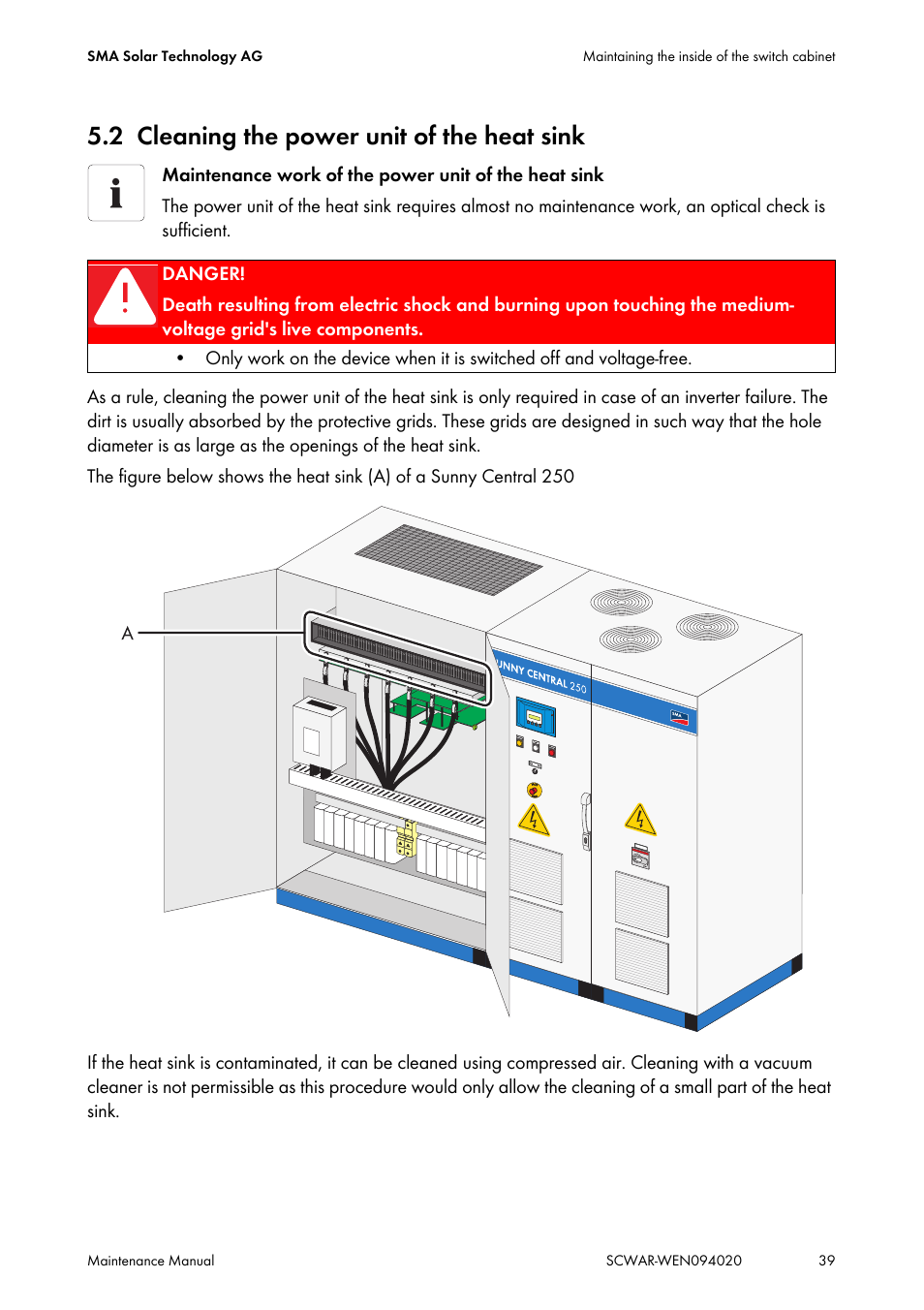 2 cleaning the power unit of the heat sink, Cleaning the power unit of the heat sink | SMA SUNNY CENTRAL Maintenance manual User Manual | Page 39 / 68