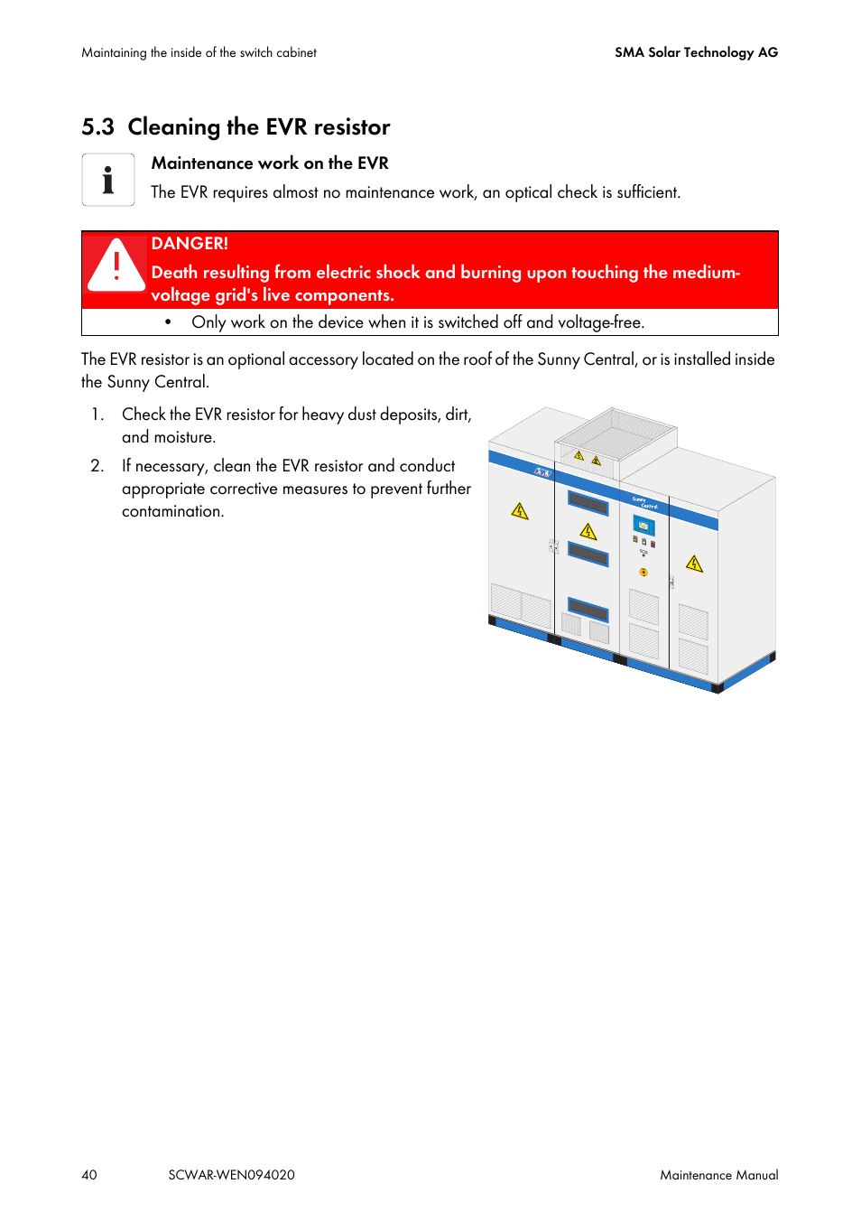 3 cleaning the evr resistor, Cleaning the evr resistor | SMA SUNNY CENTRAL Maintenance manual User Manual | Page 40 / 68