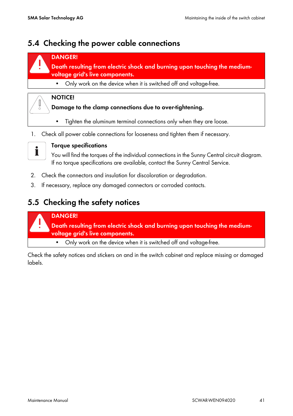 4 checking the power cable connections, 5 checking the safety notices, Checking the power cable connections | Checking the safety notices | SMA SUNNY CENTRAL Maintenance manual User Manual | Page 41 / 68