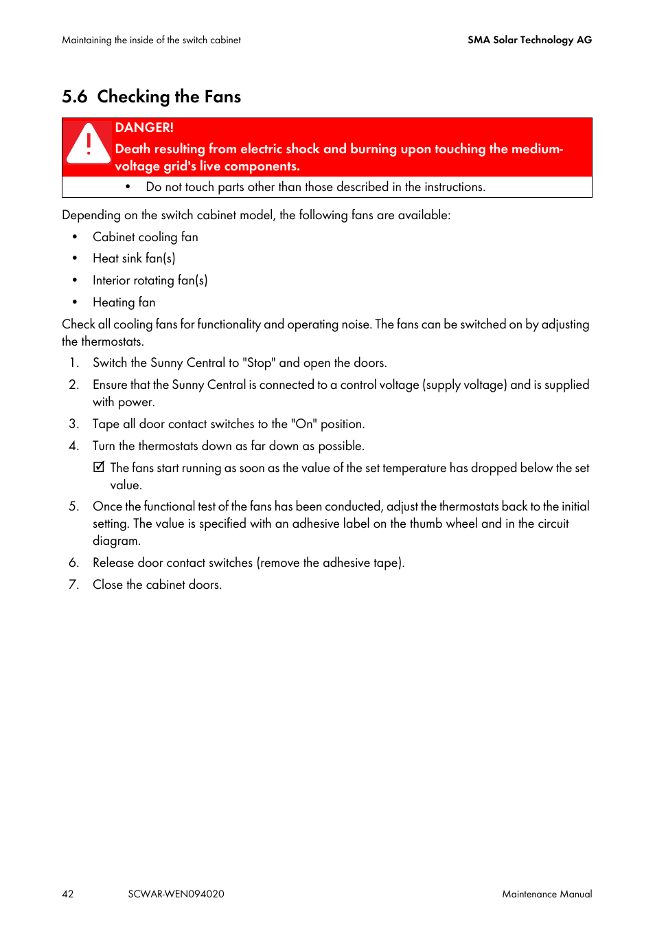 6 checking the fans, Checking the fans | SMA SUNNY CENTRAL Maintenance manual User Manual | Page 42 / 68