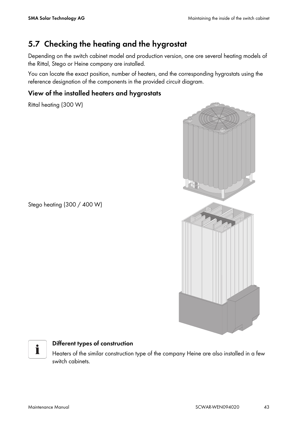 7 checking the heating and the hygrostat, Checking the heating and the hygrostat, View of the installed heaters and hygrostats | SMA SUNNY CENTRAL Maintenance manual User Manual | Page 43 / 68