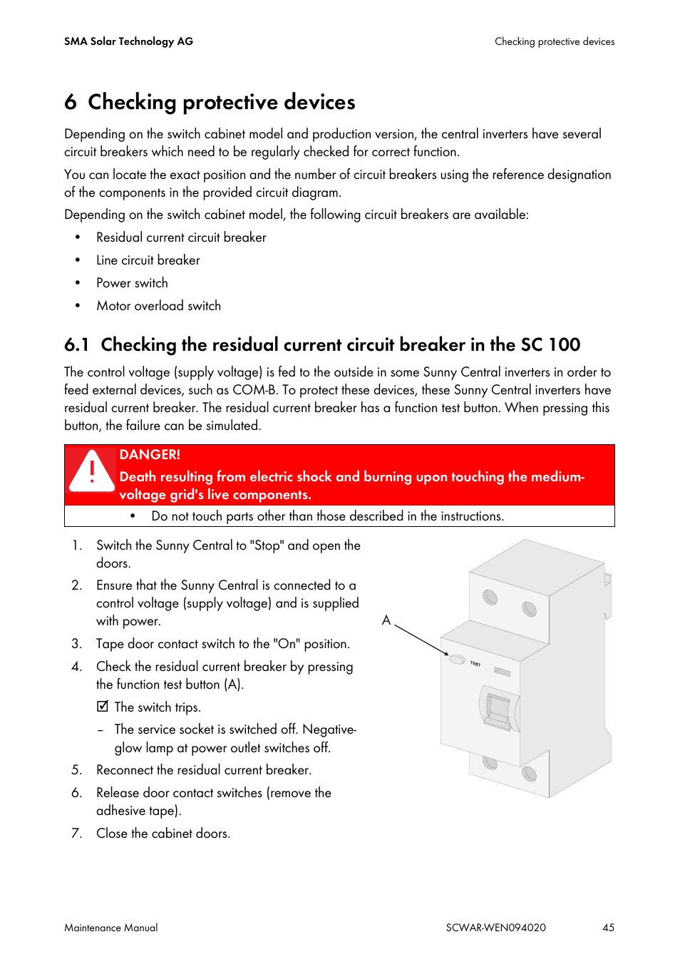 6 checking protective devices, Checking protective devices | SMA SUNNY CENTRAL Maintenance manual User Manual | Page 45 / 68