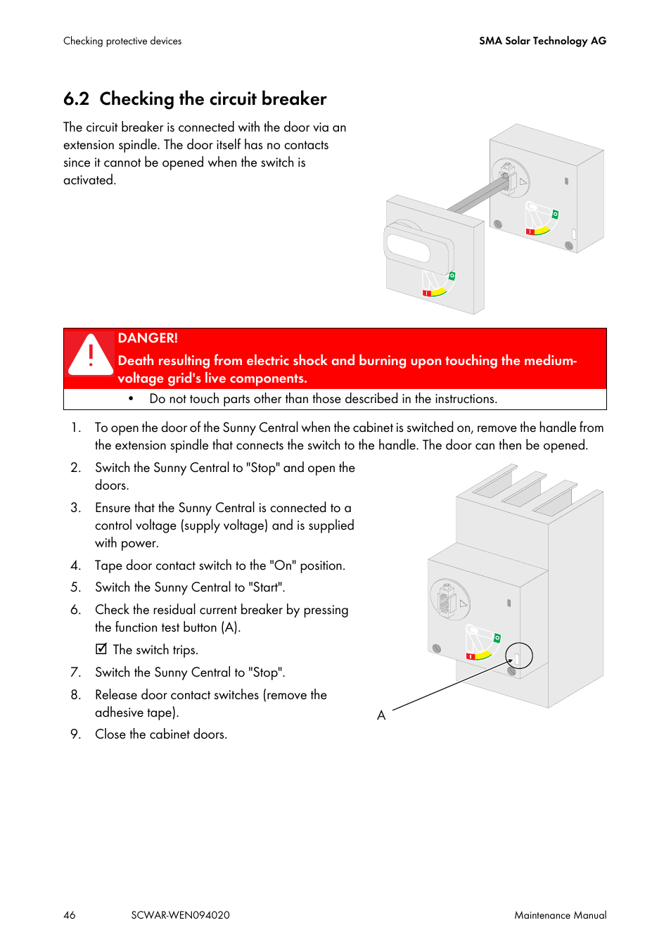 2 checking the circuit breaker, Checking the circuit breaker | SMA SUNNY CENTRAL Maintenance manual User Manual | Page 46 / 68