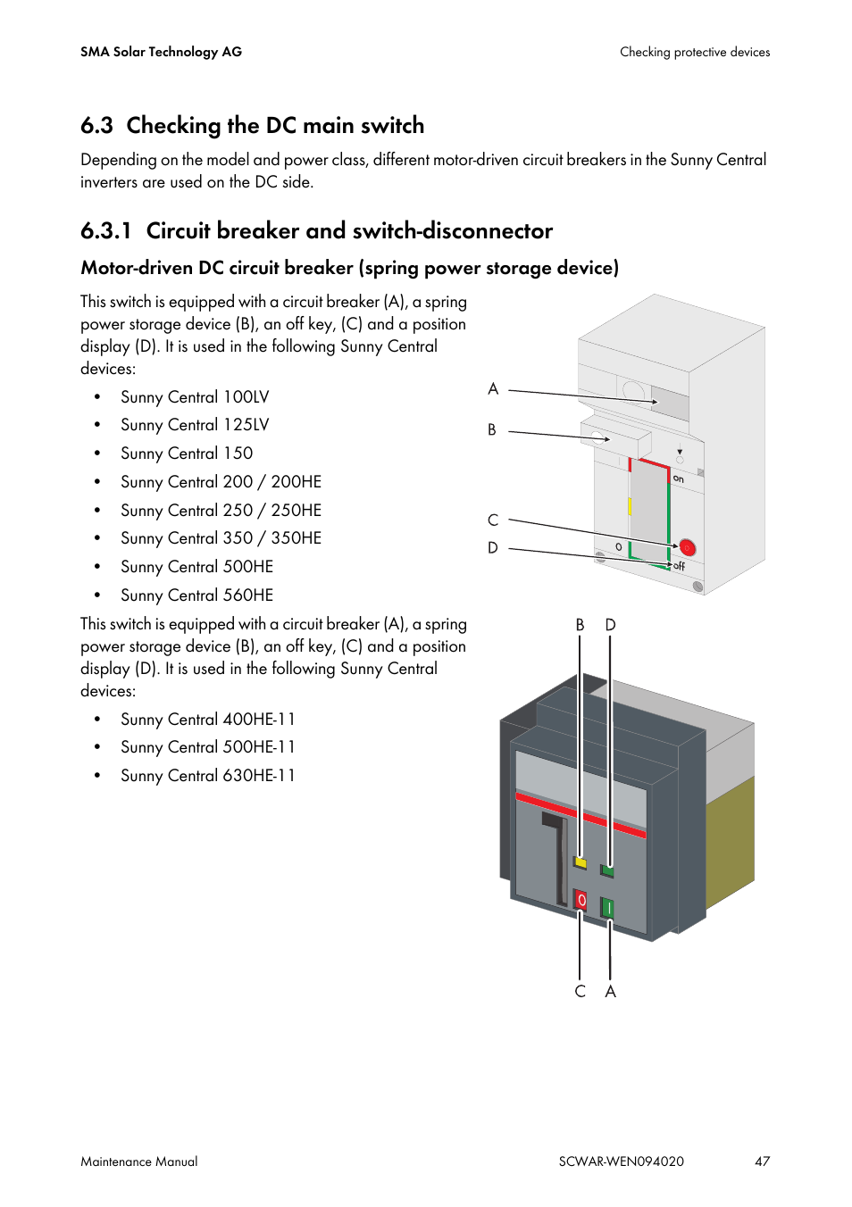 3 checking the dc main switch, 1 circuit breaker and switch-disconnector, Checking the dc main switch | Circuit breaker and switch-disconnector | SMA SUNNY CENTRAL Maintenance manual User Manual | Page 47 / 68