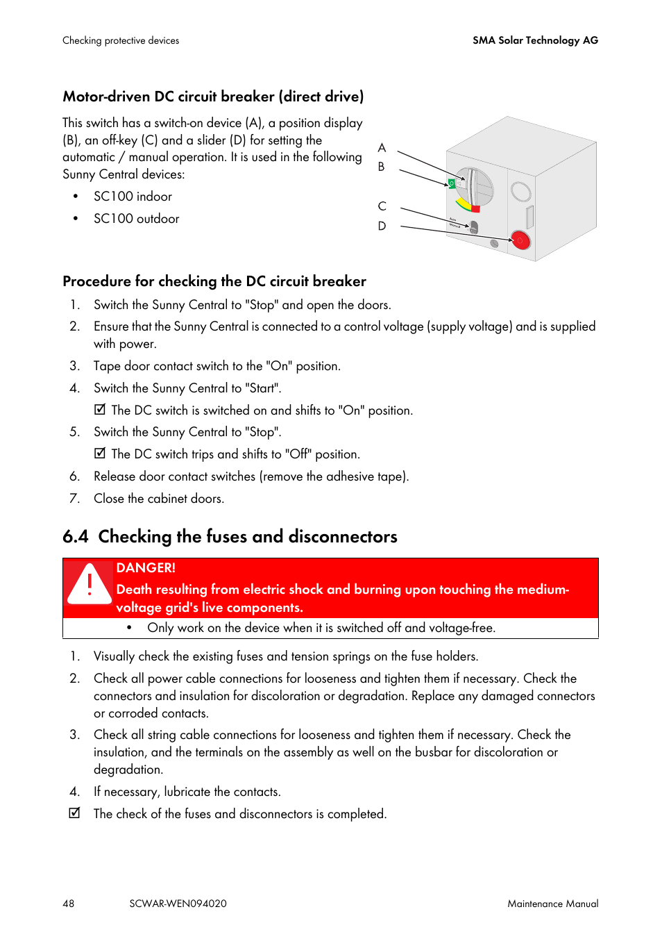 4 checking the fuses and disconnectors, Checking the fuses and disconnectors | SMA SUNNY CENTRAL Maintenance manual User Manual | Page 48 / 68