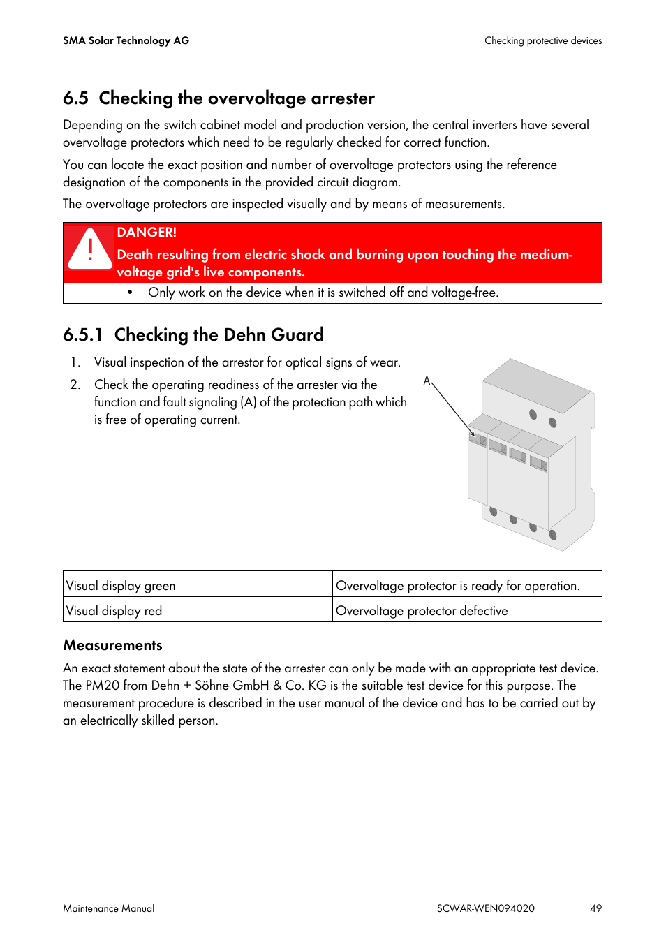 5 checking the overvoltage arrester, 1 checking the dehn guard, Checking the overvoltage arrester | Checking the dehn guard | SMA SUNNY CENTRAL Maintenance manual User Manual | Page 49 / 68