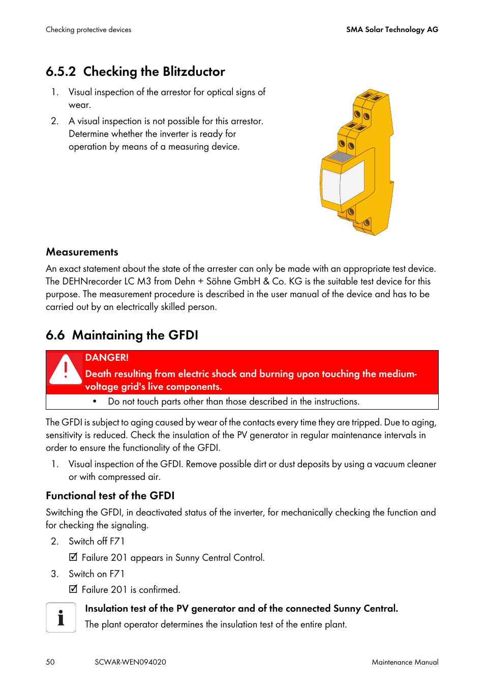 2 checking the blitzductor, 6 maintaining the gfdi, Checking the blitzductor | Maintaining the gfdi | SMA SUNNY CENTRAL Maintenance manual User Manual | Page 50 / 68