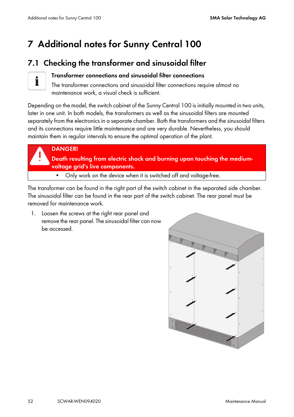 7 additional notes for sunny central 100, 1 checking the transformer and sinusoidal filter, Additional notes for sunny central 100 | Checking the transformer and sinusoidal filter | SMA SUNNY CENTRAL Maintenance manual User Manual | Page 52 / 68