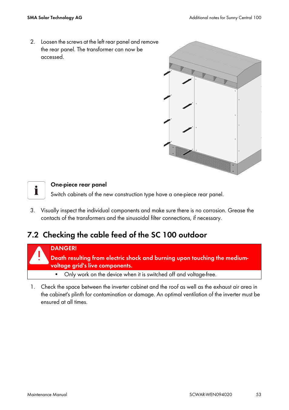 2 checking the cable feed of the sc 100 outdoor, Checking the cable feed of the sc 100outdoor | SMA SUNNY CENTRAL Maintenance manual User Manual | Page 53 / 68