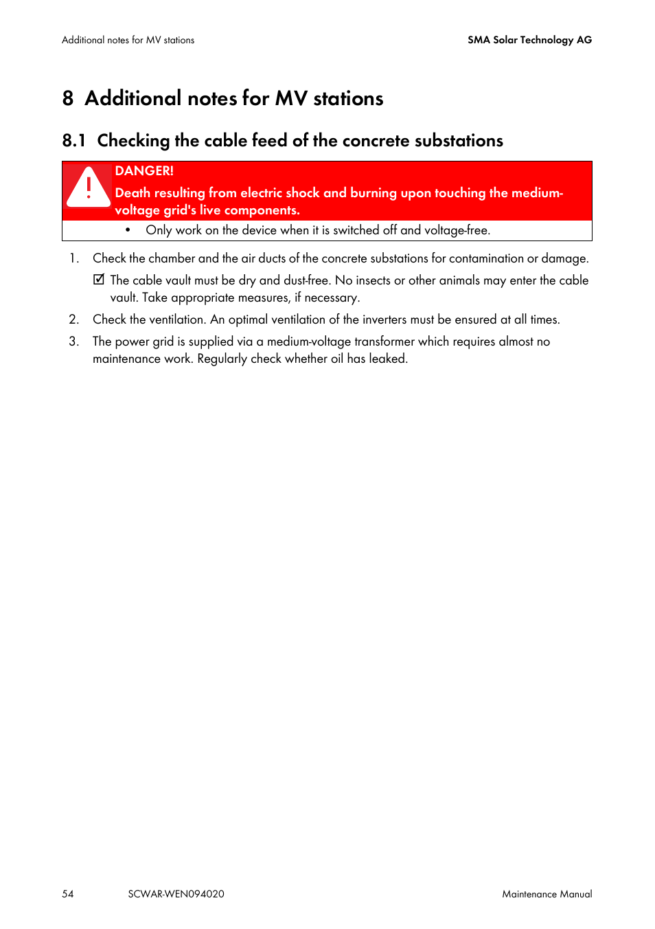 8 additional notes for mv stations, Additional notes for mv stations | SMA SUNNY CENTRAL Maintenance manual User Manual | Page 54 / 68