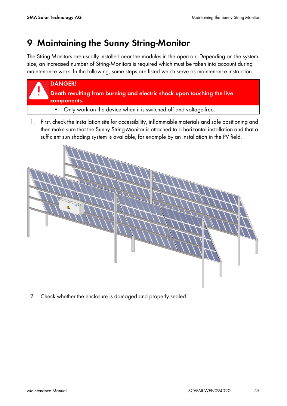 9 maintaining the sunny string-monitor, Maintaining the sunny string-monitor | SMA SUNNY CENTRAL Maintenance manual User Manual | Page 55 / 68