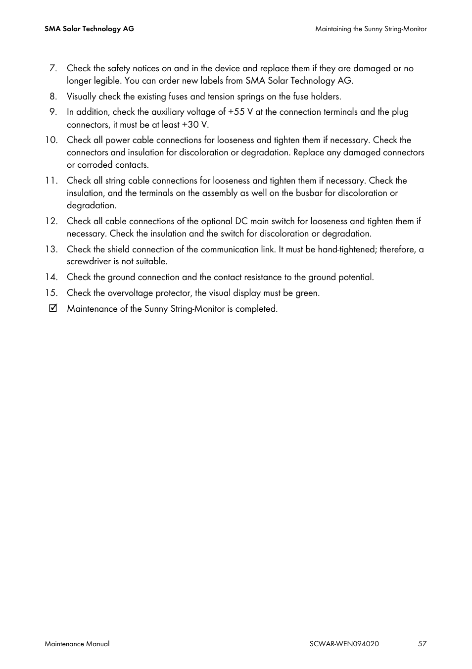 SMA SUNNY CENTRAL Maintenance manual User Manual | Page 57 / 68