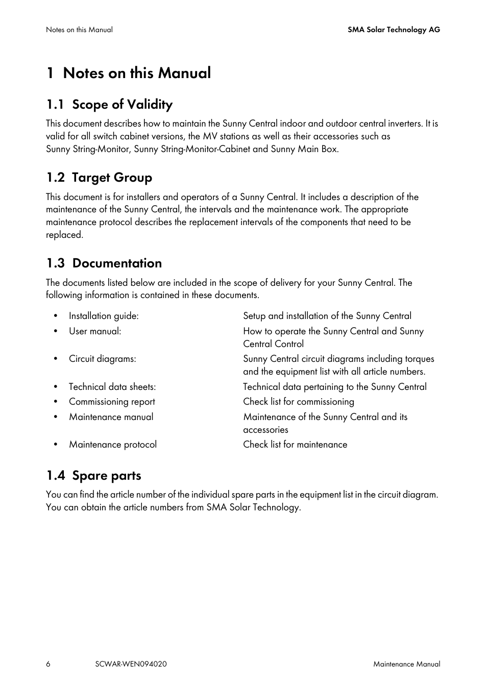 1 notes on this manual, 1 scope of validity, 2 target group | 3 documentation, 4 spare parts, Notes on this manual, Scope of validity, Target group, Documentation, Spare parts | SMA SUNNY CENTRAL Maintenance manual User Manual | Page 6 / 68