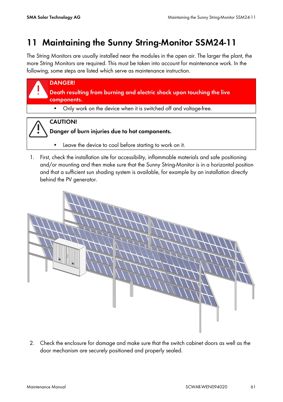 11 maintaining the sunny string-monitor ssm24-11, Maintaining the sunny string-monitor ssm24-11 | SMA SUNNY CENTRAL Maintenance manual User Manual | Page 61 / 68