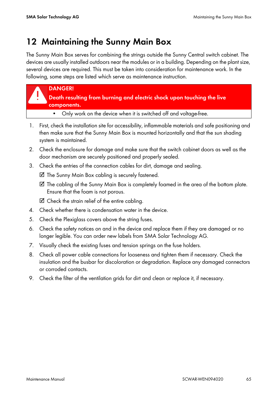 12 maintaining the sunny main box, Maintaining the sunny main box | SMA SUNNY CENTRAL Maintenance manual User Manual | Page 65 / 68