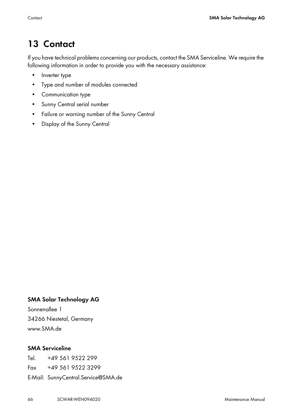 13 contact, Contact | SMA SUNNY CENTRAL Maintenance manual User Manual | Page 66 / 68