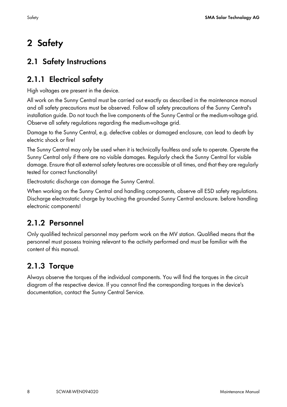 2 safety, 1 safety instructions, 1 electrical safety | 2 personnel, 3 torque, Safety, Safety instructions, Electrical safety, Personnel, Torque | SMA SUNNY CENTRAL Maintenance manual User Manual | Page 8 / 68