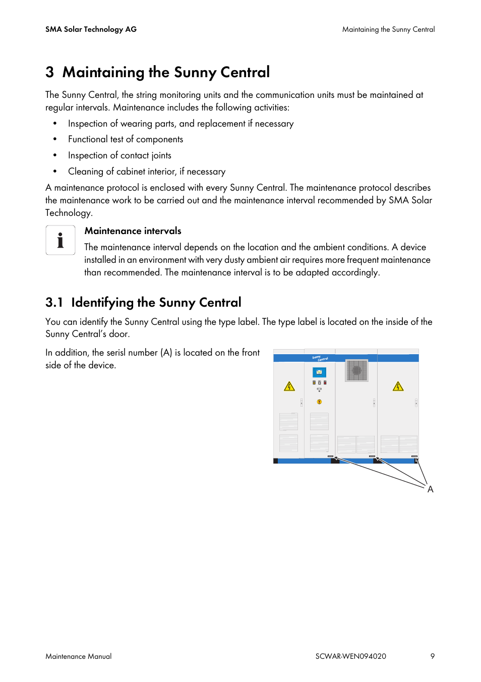 3 maintaining the sunny central, 1 identifying the sunny central, Maintaining the sunny central | Identifying the sunny central | SMA SUNNY CENTRAL Maintenance manual User Manual | Page 9 / 68