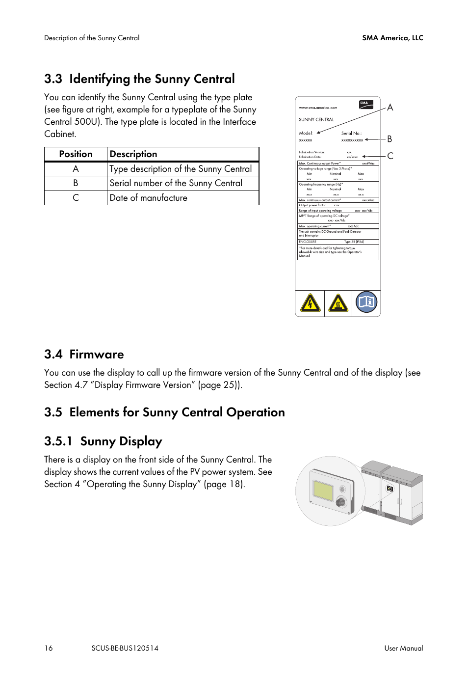 3 identifying the sunny central, 4 firmware, 5 elements for sunny central operation | 1 sunny display, Identifying the sunny central, Firmware, Elements for sunny central operation, Sunny display | SMA SC 250U User Manual | Page 16 / 44