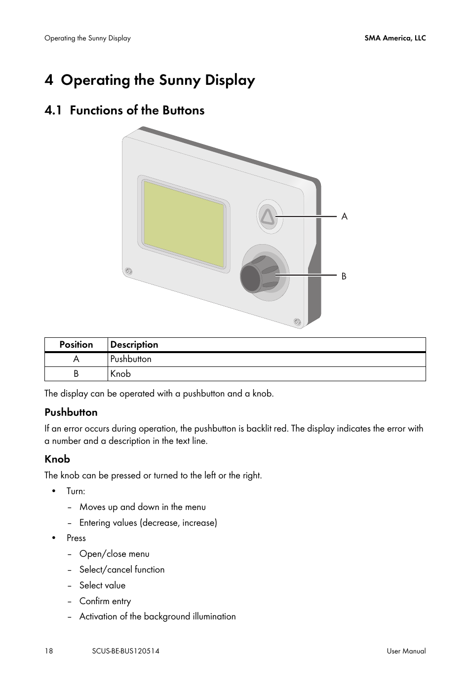 4 operating the sunny display, 1 functions of the buttons, Operating the sunny display | Functions of the buttons | SMA SC 250U User Manual | Page 18 / 44