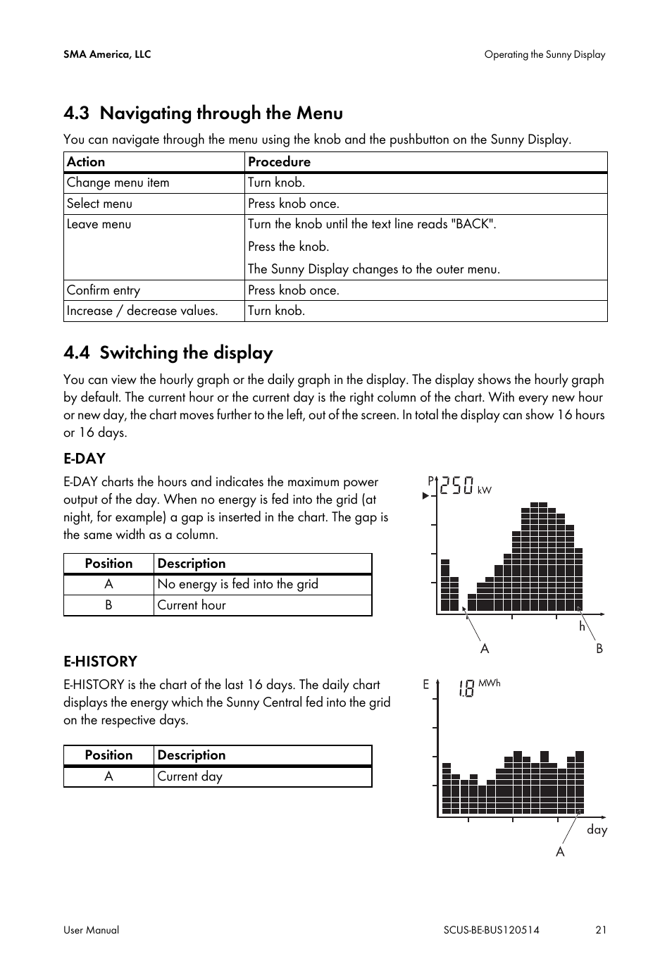 3 navigating through the menu, 4 switching the display, Navigating through the menu | Switching the display | SMA SC 250U User Manual | Page 21 / 44