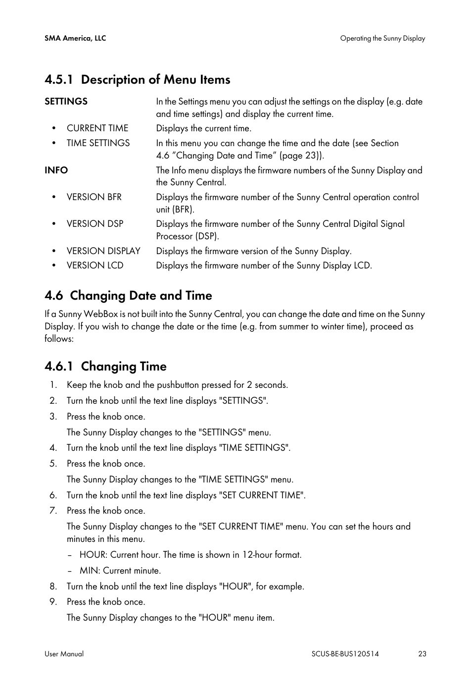 1 description of menu items, 6 changing date and time, 1 changing time | Description of menu items, Changing date and time, Changing time | SMA SC 250U User Manual | Page 23 / 44
