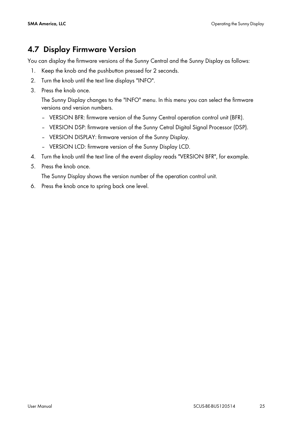 7 display firmware version, Display firmware version | SMA SC 250U User Manual | Page 25 / 44