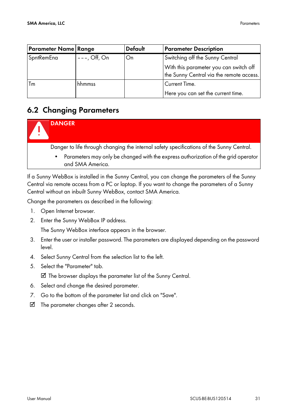 2 changing parameters, Changing parameters | SMA SC 250U User Manual | Page 31 / 44