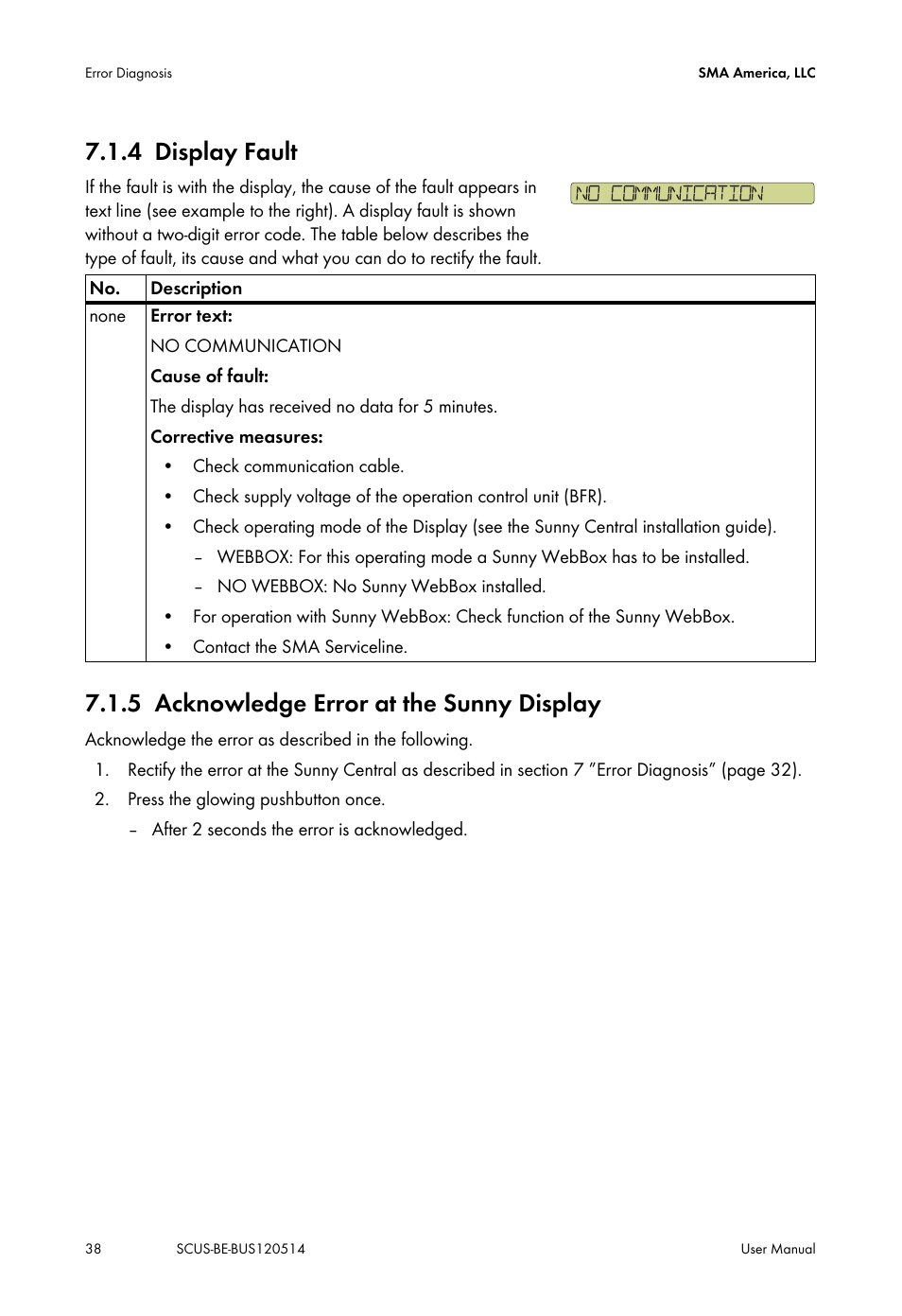 4 display fault, 5 acknowledge error at the sunny display, Display fault | Acknowledge error at the sunny display | SMA SC 250U User Manual | Page 38 / 44