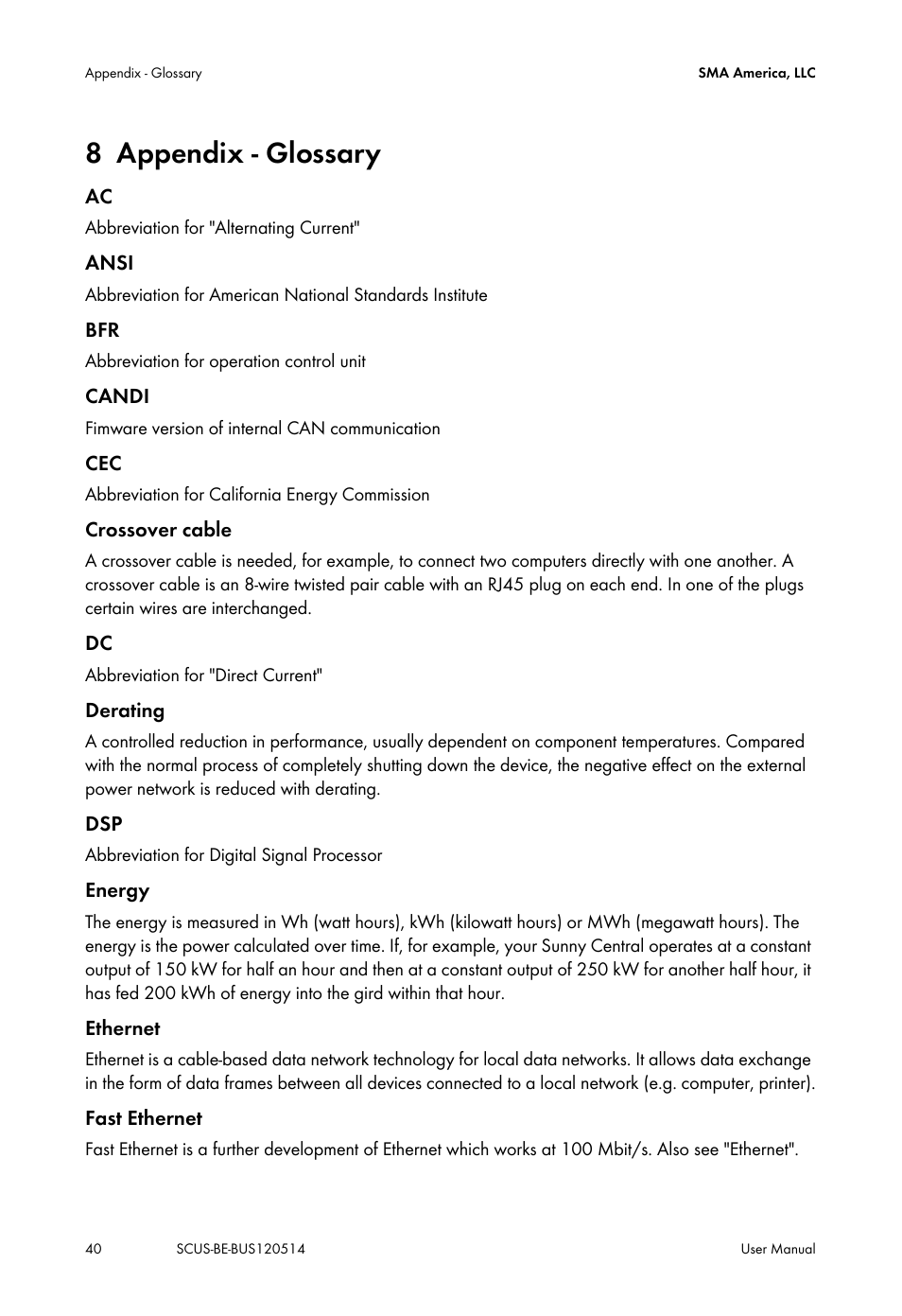 8 appendix - glossary, Appendix - glossary | SMA SC 250U User Manual | Page 40 / 44