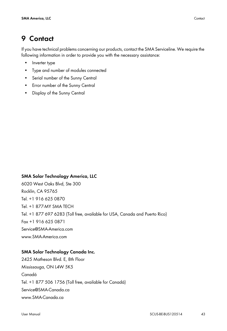 9 contact, Contact | SMA SC 250U User Manual | Page 43 / 44