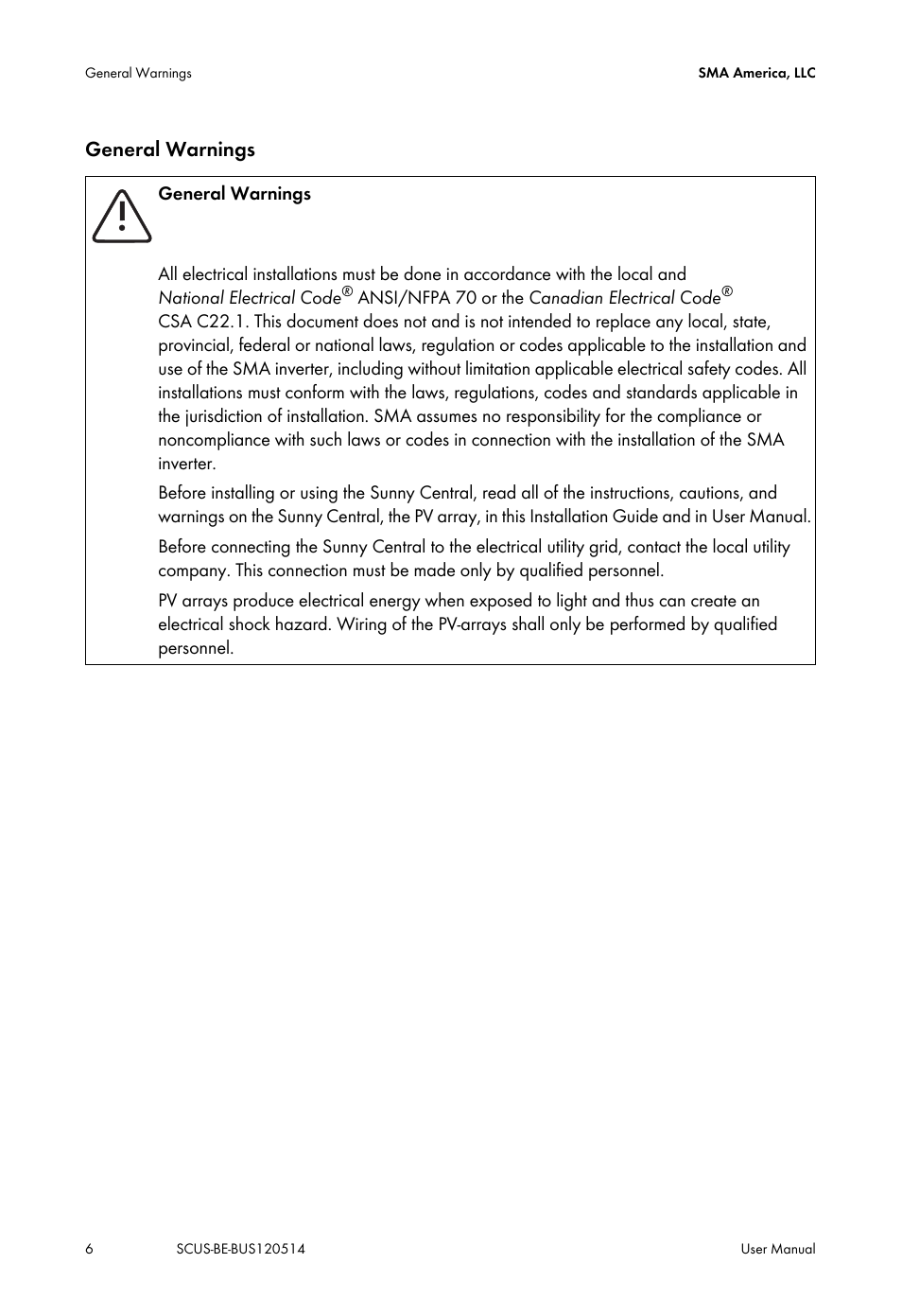General warnings | SMA SC 250U User Manual | Page 6 / 44