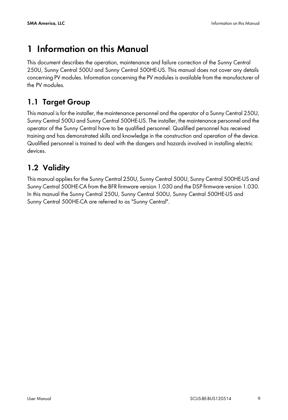 1 information on this manual, 1 target group, 2 validity | Information on this manual, Target group, Validity | SMA SC 250U User Manual | Page 9 / 44