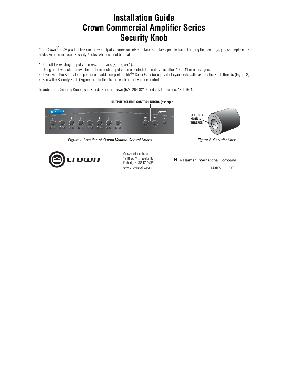 Crown Audio Commercial Amplifier Series User Manual | 1 page