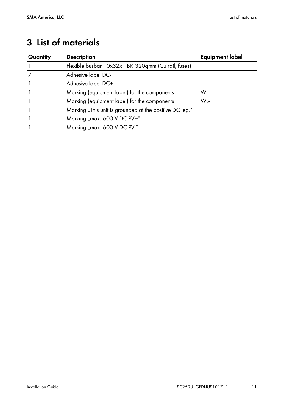 3 list of materials | SMA SC 250U Installation User Manual | Page 11 / 20