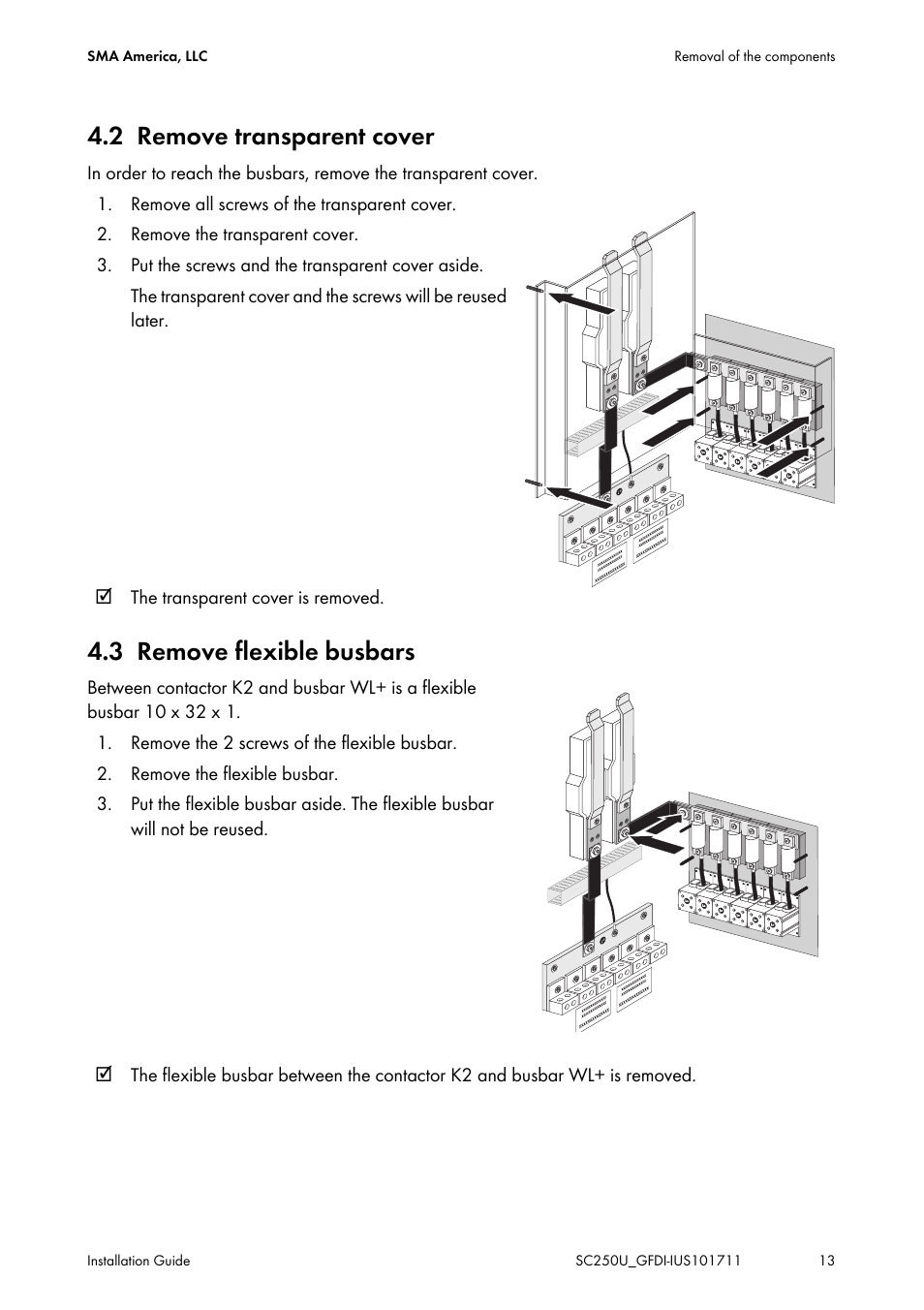 2 remove transparent cover, 3 remove flexible busbars | SMA SC 250U Installation User Manual | Page 13 / 20