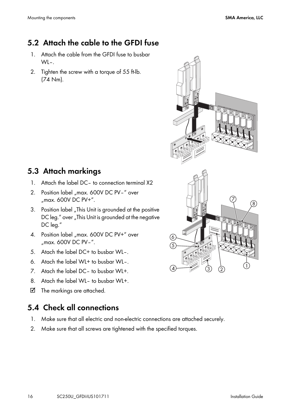 2 attach the cable to the gfdi fuse, 3 attach markings, 4 check all connections | SMA SC 250U Installation User Manual | Page 16 / 20