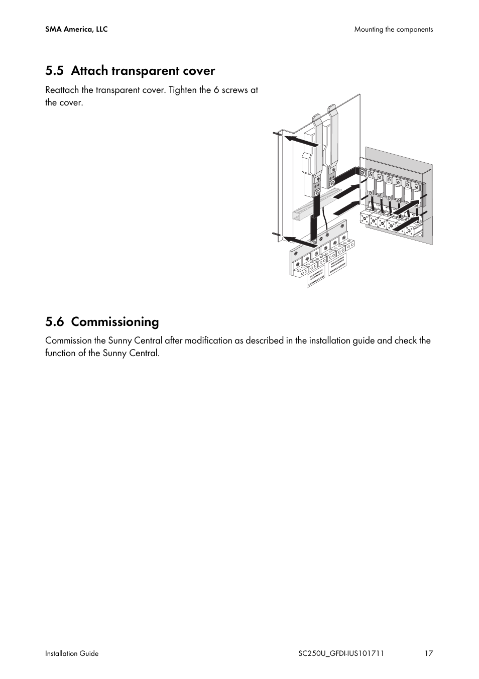 5 attach transparent cover, 6 commissioning | SMA SC 250U Installation User Manual | Page 17 / 20