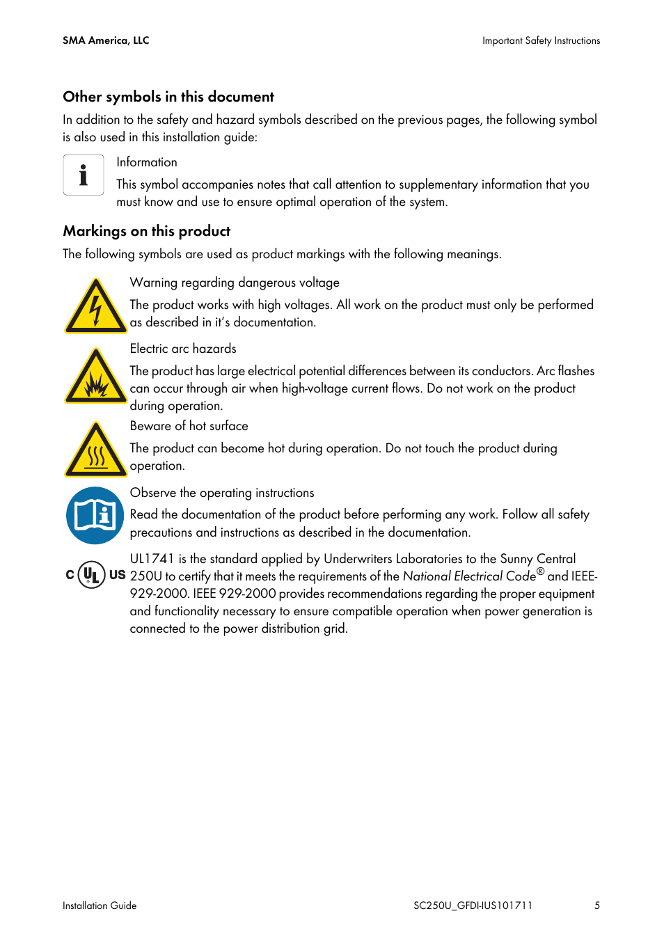 Other symbols in this document, Markings on this product | SMA SC 250U Installation User Manual | Page 5 / 20