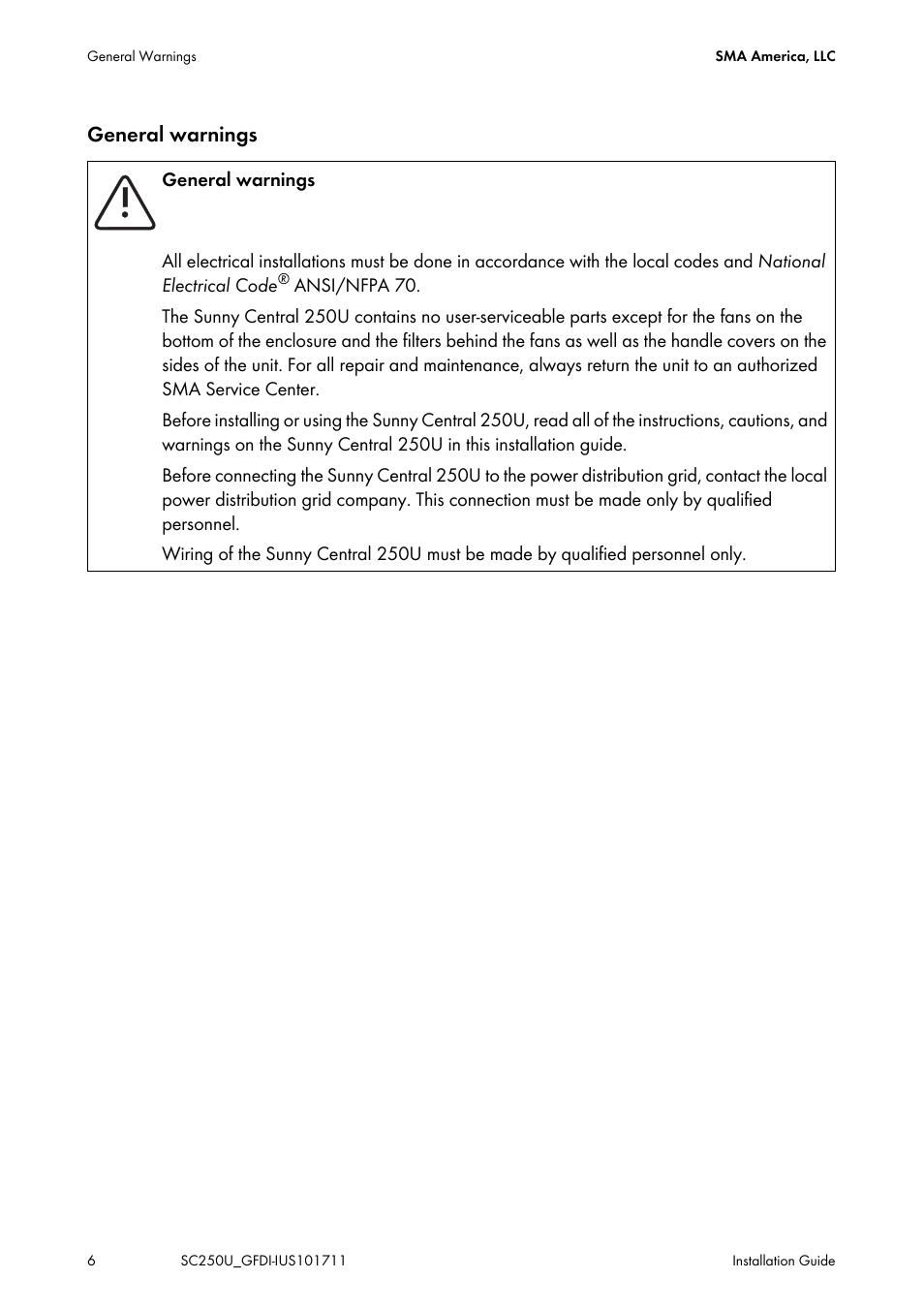 General warnings | SMA SC 250U Installation User Manual | Page 6 / 20