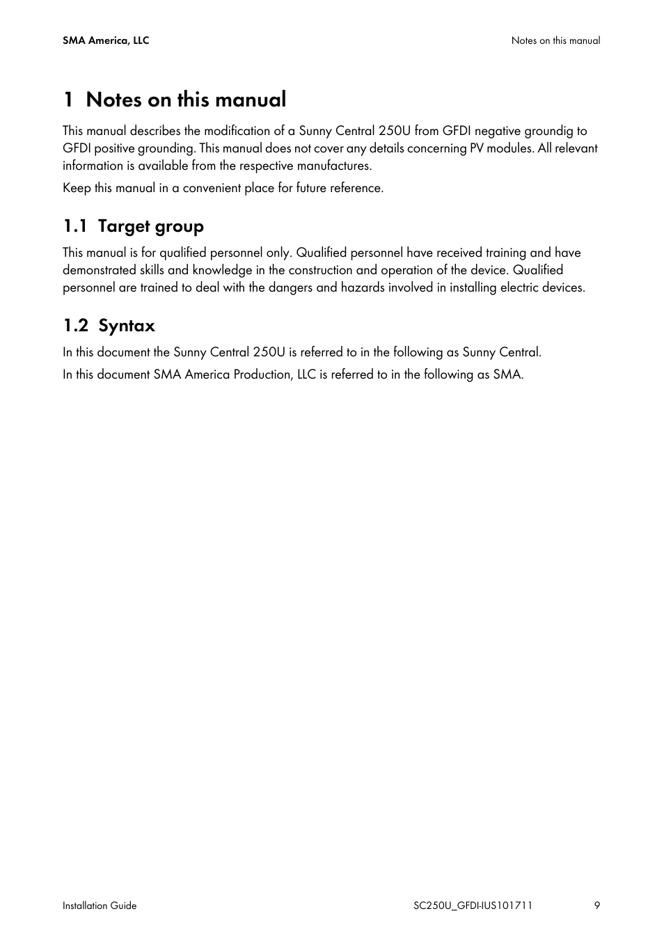 1 notes on this manual, 1 target group, 2 syntax | SMA SC 250U Installation User Manual | Page 9 / 20