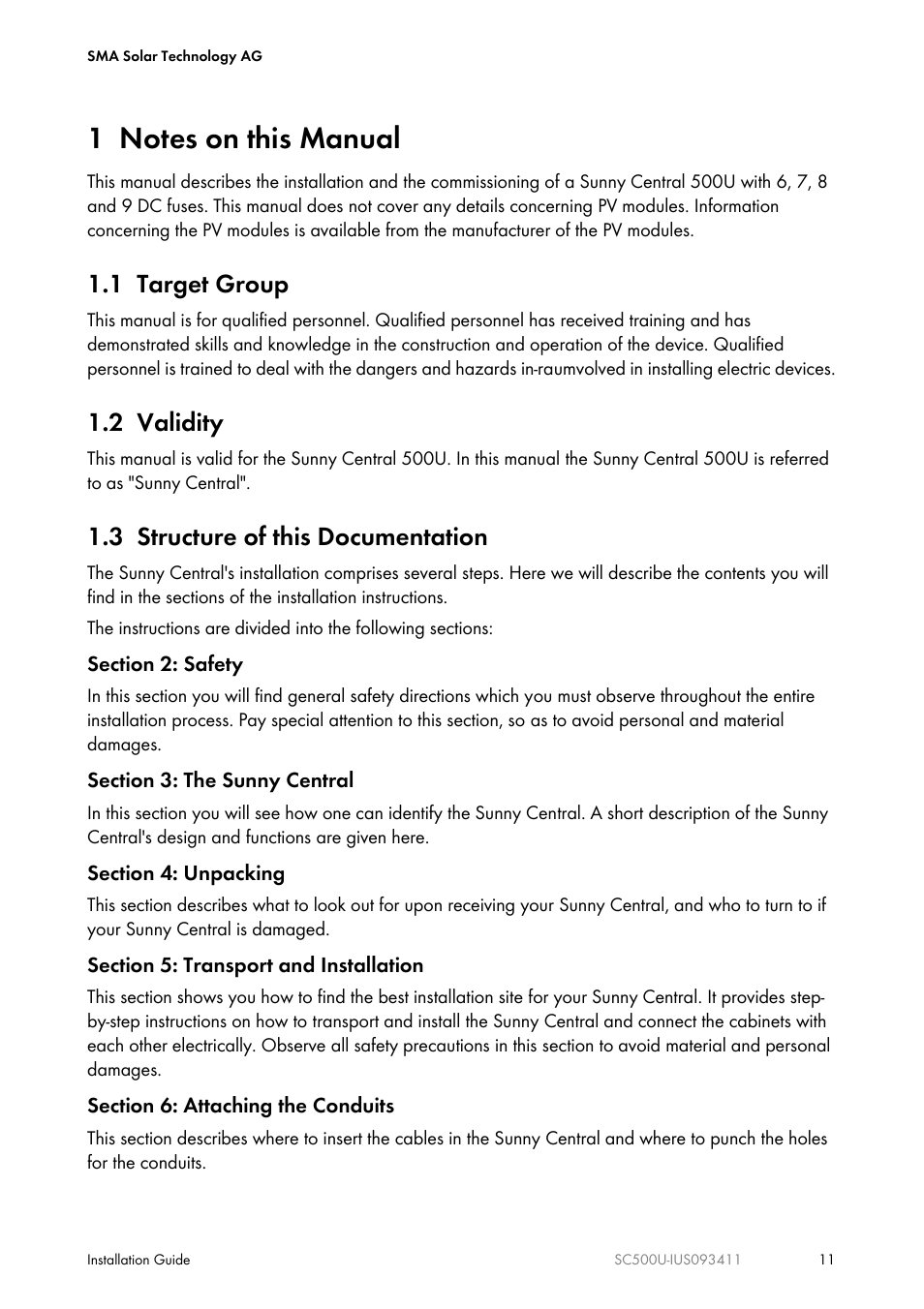 1 notes on this manual, 1 target group, 2 validity | 3 structure of this documentation | SMA SC 500U Installation User Manual | Page 11 / 76