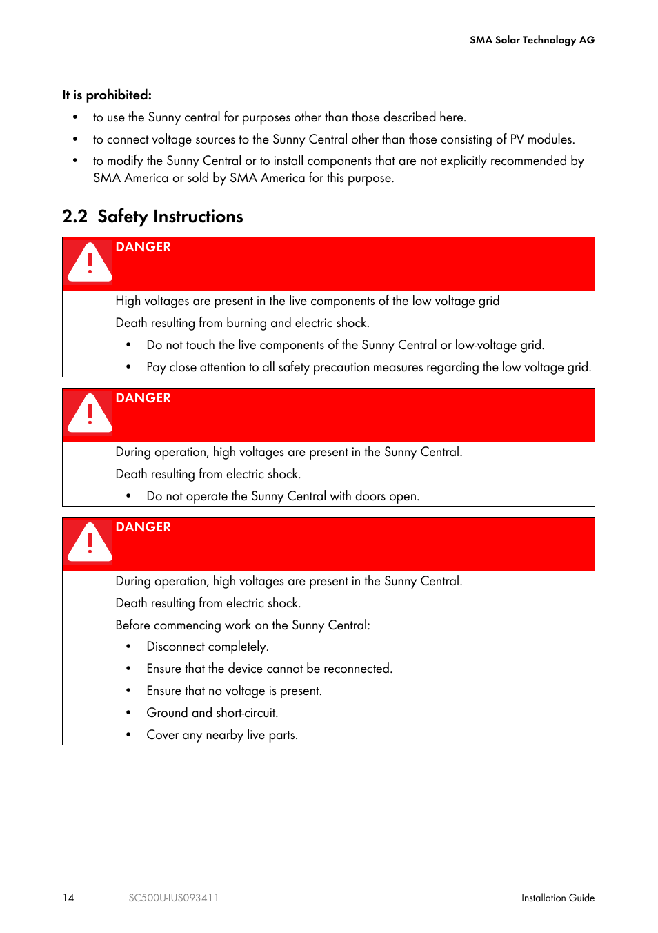 2 safety instructions | SMA SC 500U Installation User Manual | Page 14 / 76