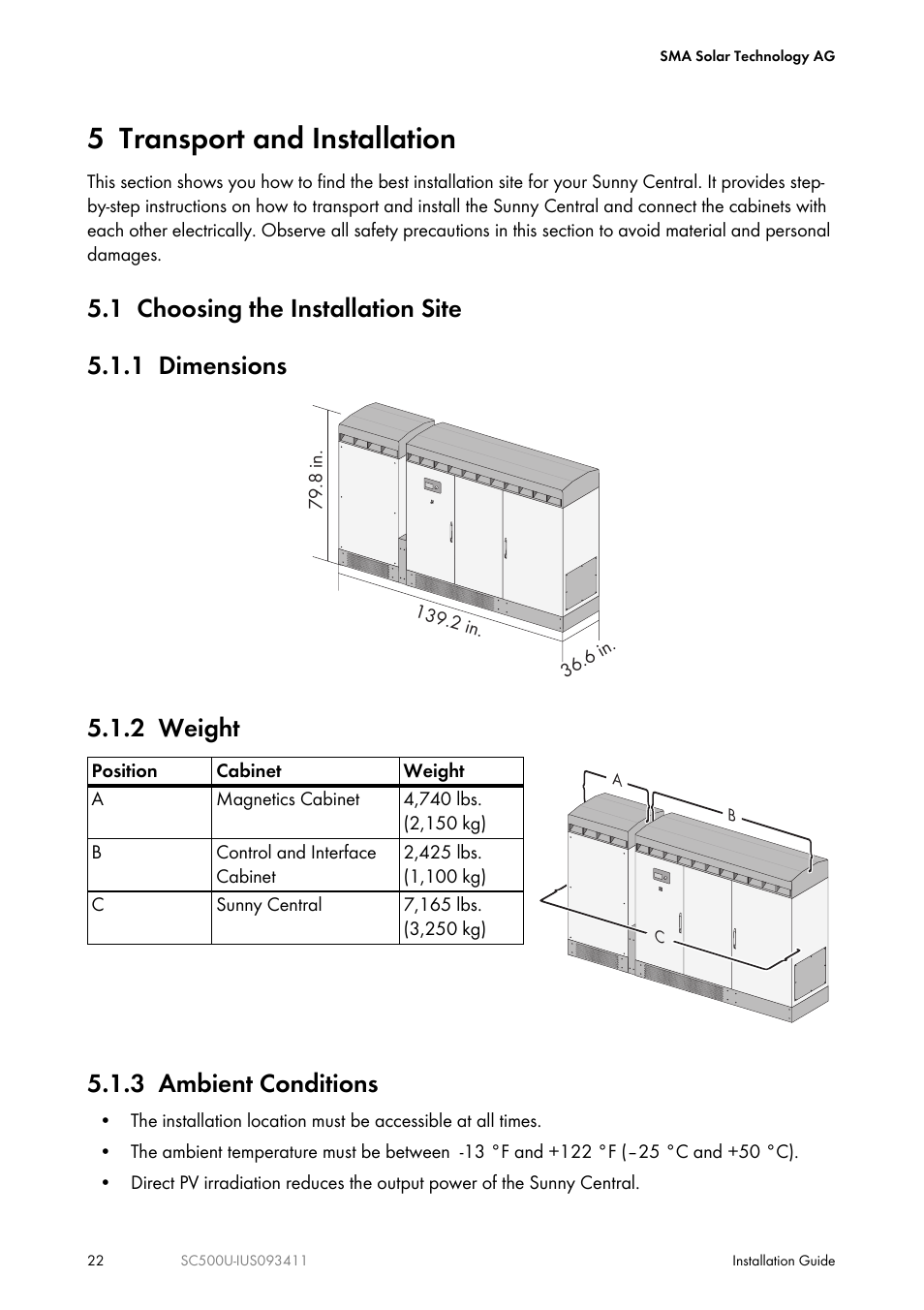 5 transport and installation, 1 choosing the installation site, 1 dimensions | 2 weight, 3 ambient conditions | SMA SC 500U Installation User Manual | Page 22 / 76