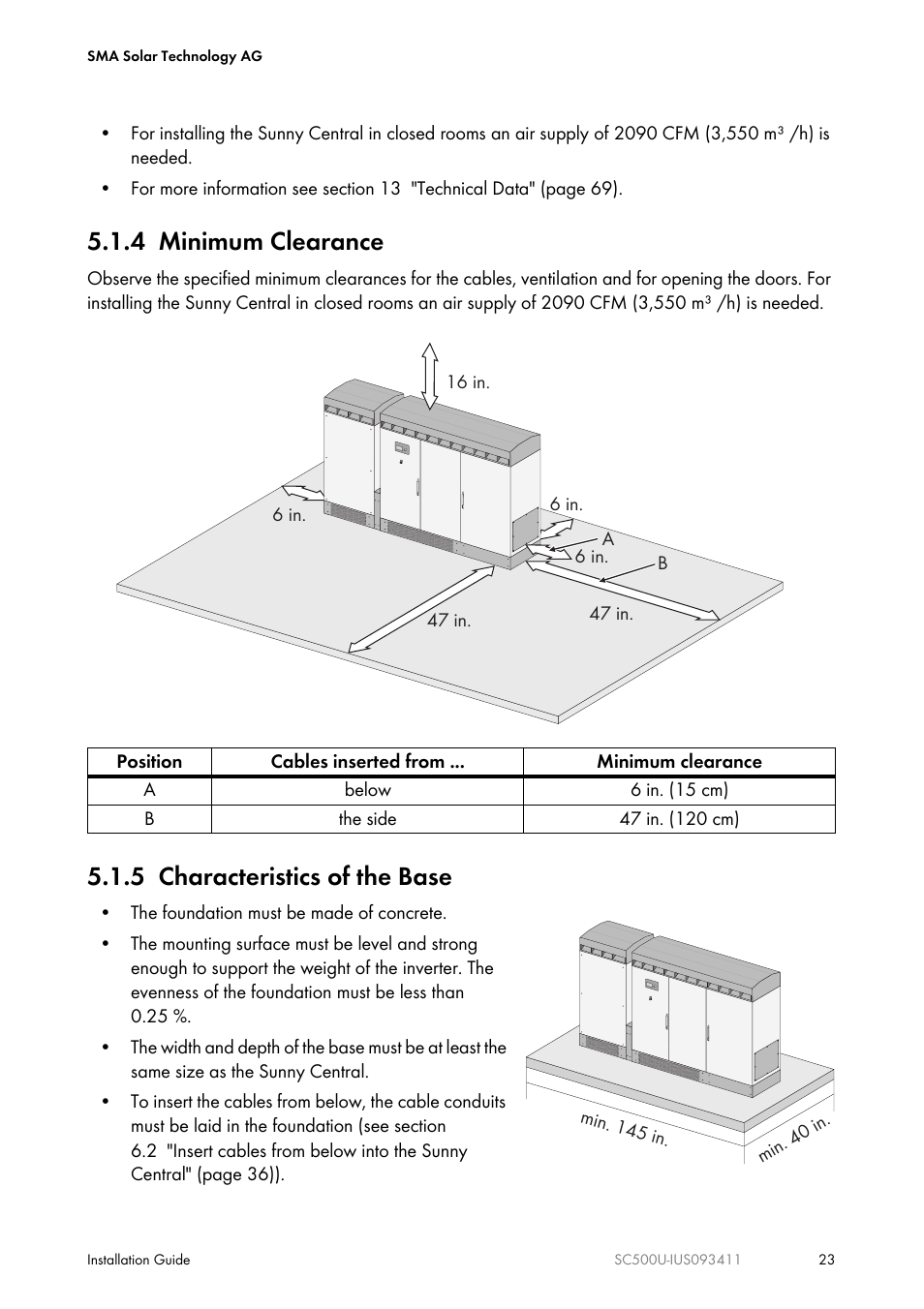 4 minimum clearance, 5 characteristics of the base | SMA SC 500U Installation User Manual | Page 23 / 76