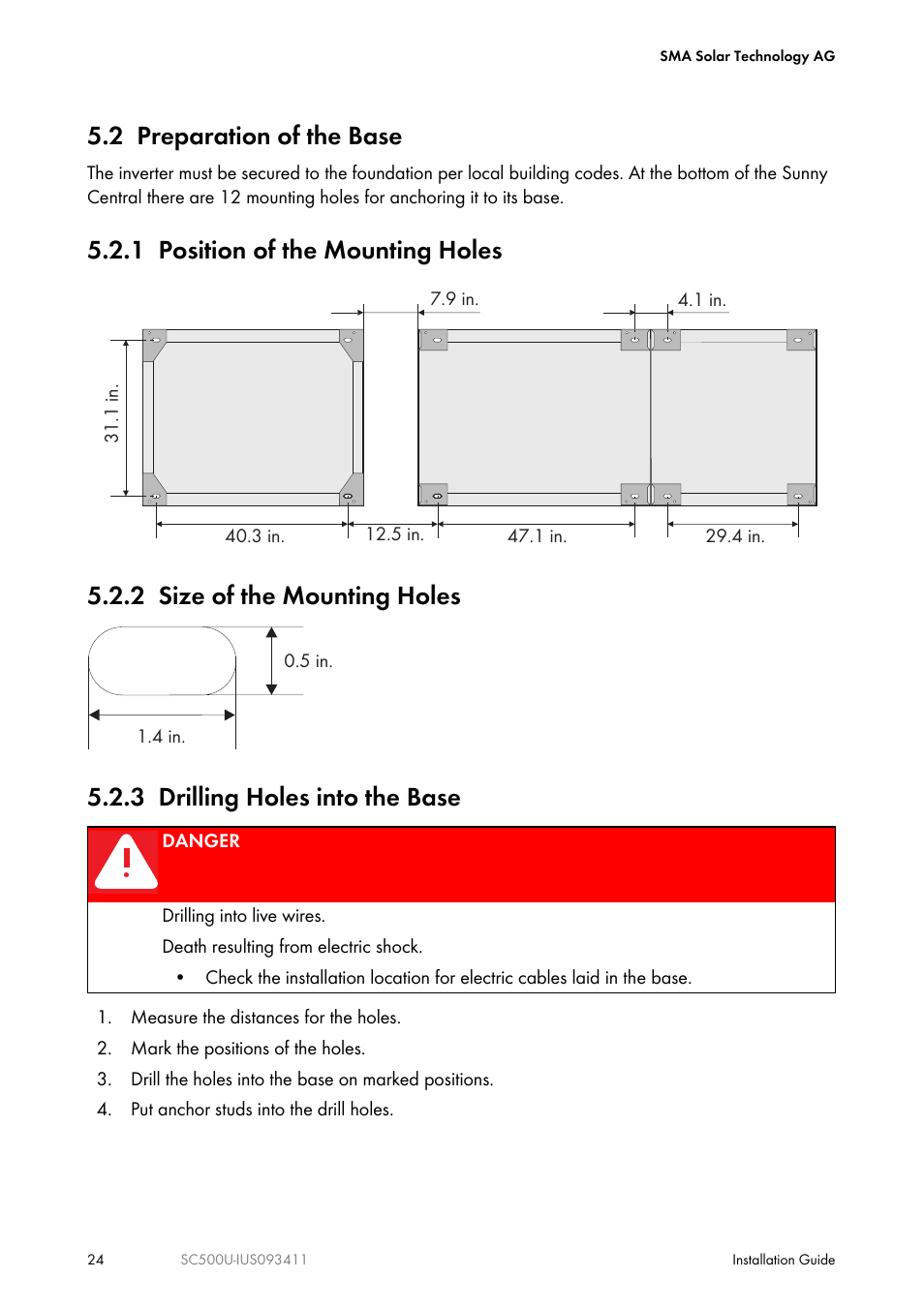 2 preparation of the base, 1 position of the mounting holes, 2 size of the mounting holes | 3 drilling holes into the base | SMA SC 500U Installation User Manual | Page 24 / 76
