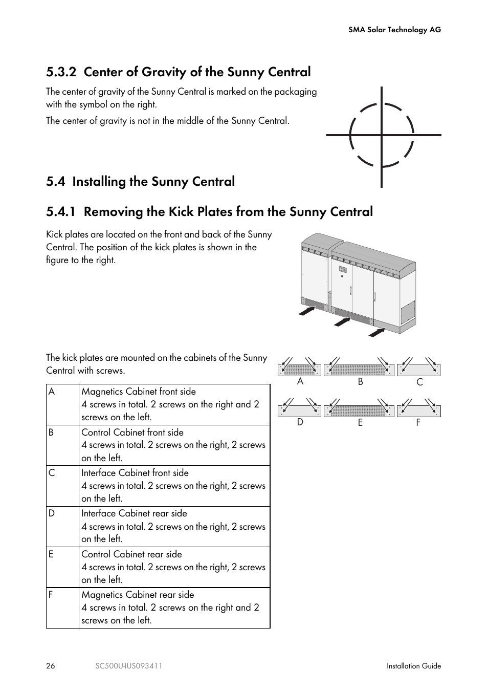 2 center of gravity of the sunny central, 4 installing the sunny central, 1 removing the kick plates from the sunny central | SMA SC 500U Installation User Manual | Page 26 / 76