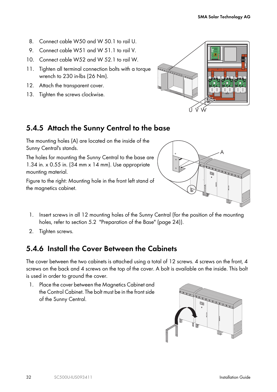 5 attach the sunny central to the base, 6 install the cover between the cabinets | SMA SC 500U Installation User Manual | Page 32 / 76